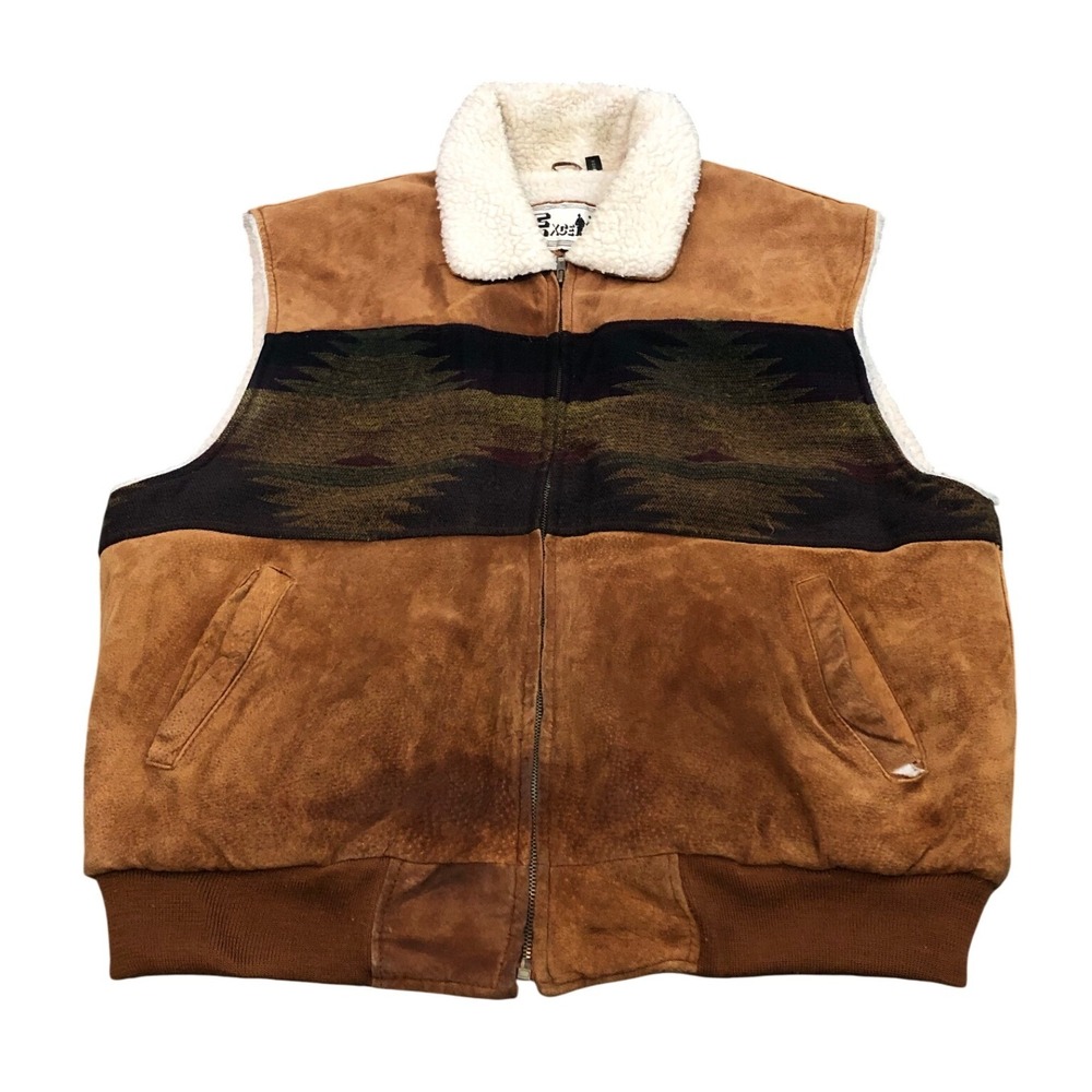 Vintage Excelled Vest Brown Suede Leather‎ Southwestern Aztec L Shearling Lined